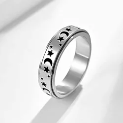 Stainless Steel Anxiety Ring For Women Moon Star Chain Spinner Fidgets Ring Rotate Freely Spinning Anti Stress Men Rotating