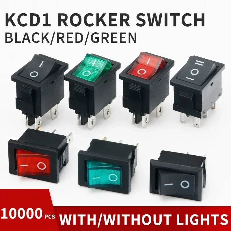 10/2000/10000pcs KCD1 Boat Car Rocker Switch 6A/250V 10A/125V AC With Red Green Light Switch 2/3/4Pin 21*15mm on off on