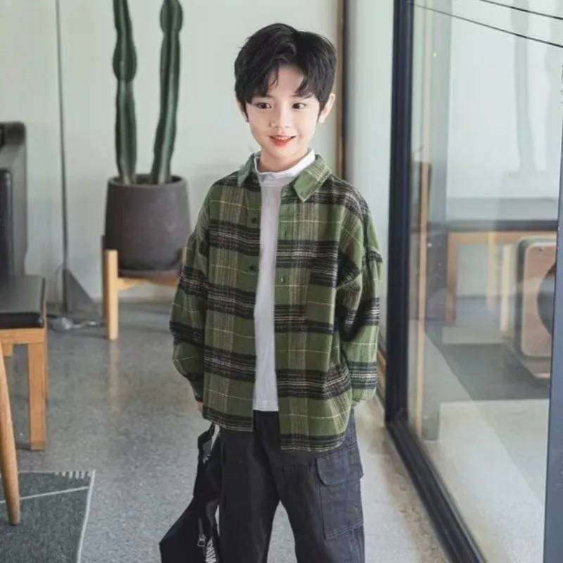 남아용 체크 셔츠 대형 사이즈 봄 가을 2025 신상 트렌디 스트리트웨어 재킷 남아용 멋진 스타일리시 의류