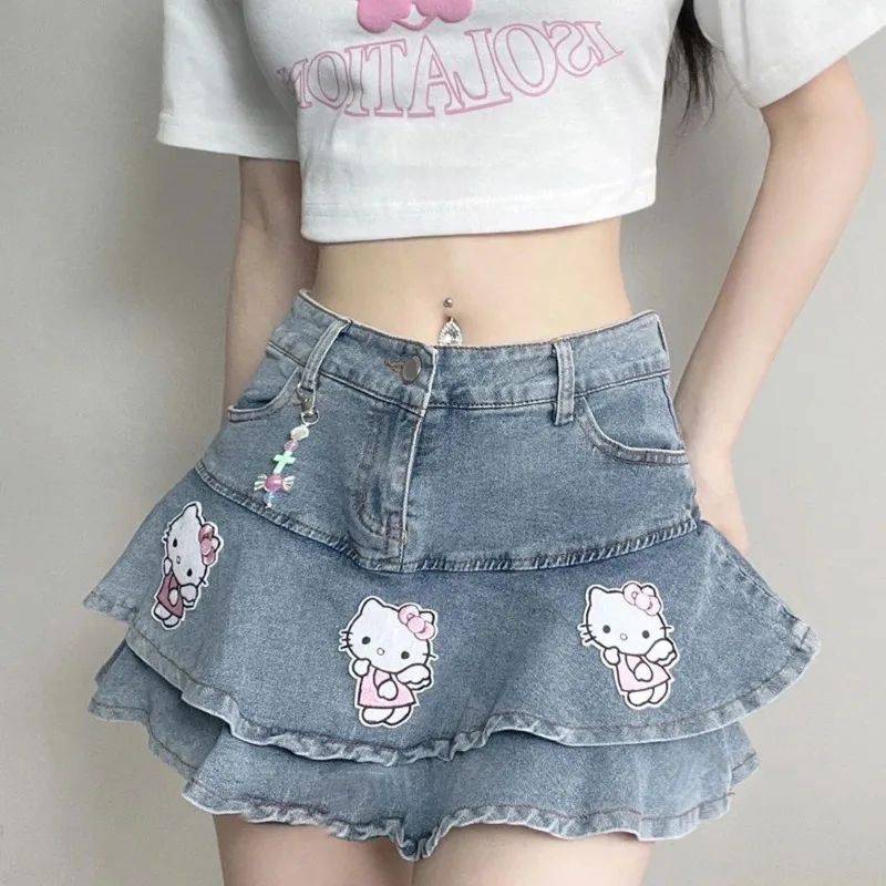 Mini saia jeans Kawaii Hello Kitty para mulheres, estampa gostosa de menina doce, saias plissadas, moda japonesa, roupas Sanrio verão, Y2K, 2023