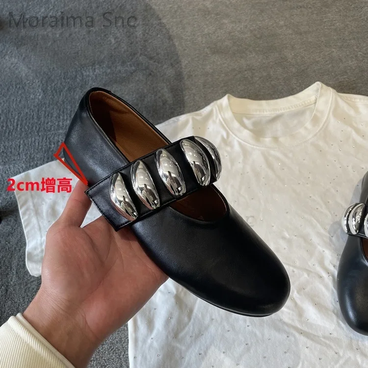 Metal Decor Flats Ballet Shoes for Women Round Toe Loafers Leather Single Shoes Daily Outdoor Roman Rhinestone Casual Shoes