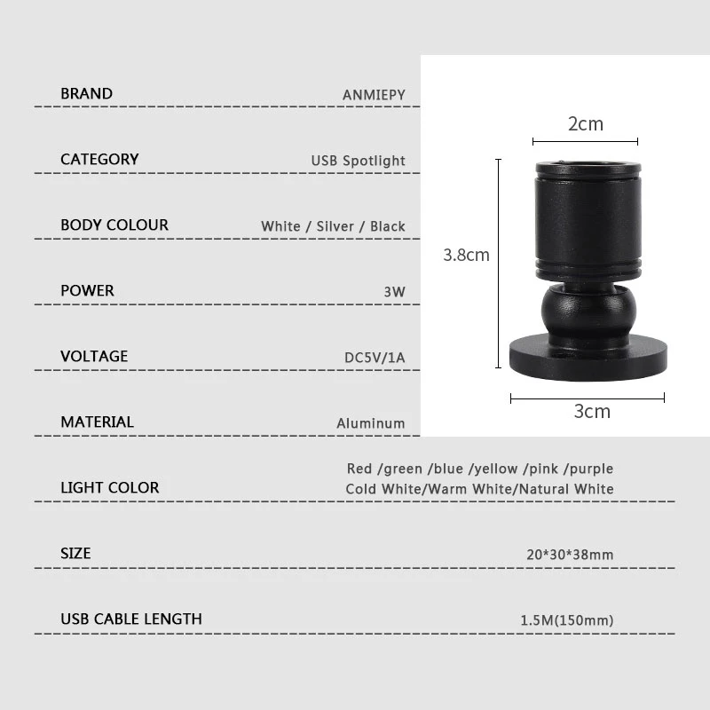 LED Spotlight 3W DC5V USB Jewelry Cabinet Showcase Counter Lamp Surface Mounted Ceiling Mini