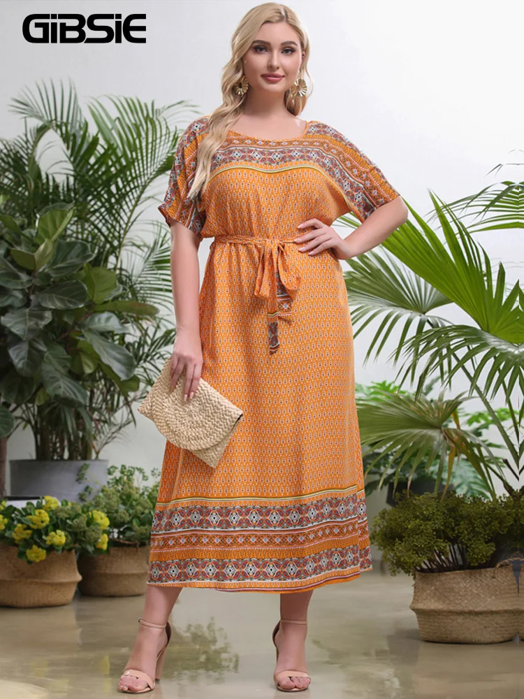 

GIBSIE Plus Size Ethnic Print O-Neck Batwing Sleeve Belted Dress Women Vacation Boho A-line Female Casual Summer Long Dresses
