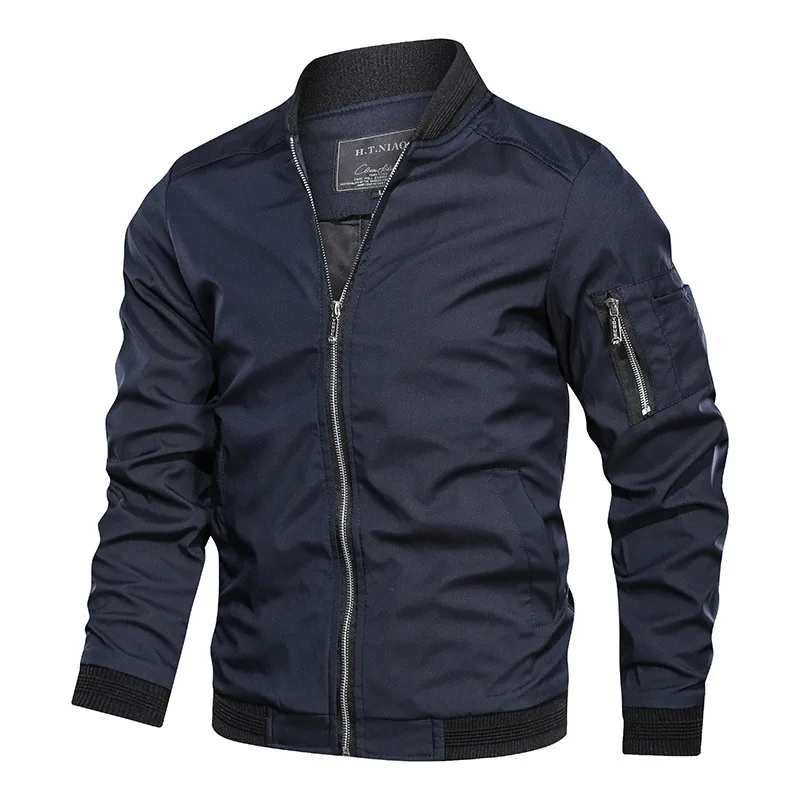 Spring autumn men's jacket casual baseball collar solid color thin coat 4 seasons bomber jacket zipper pocket men's clothing