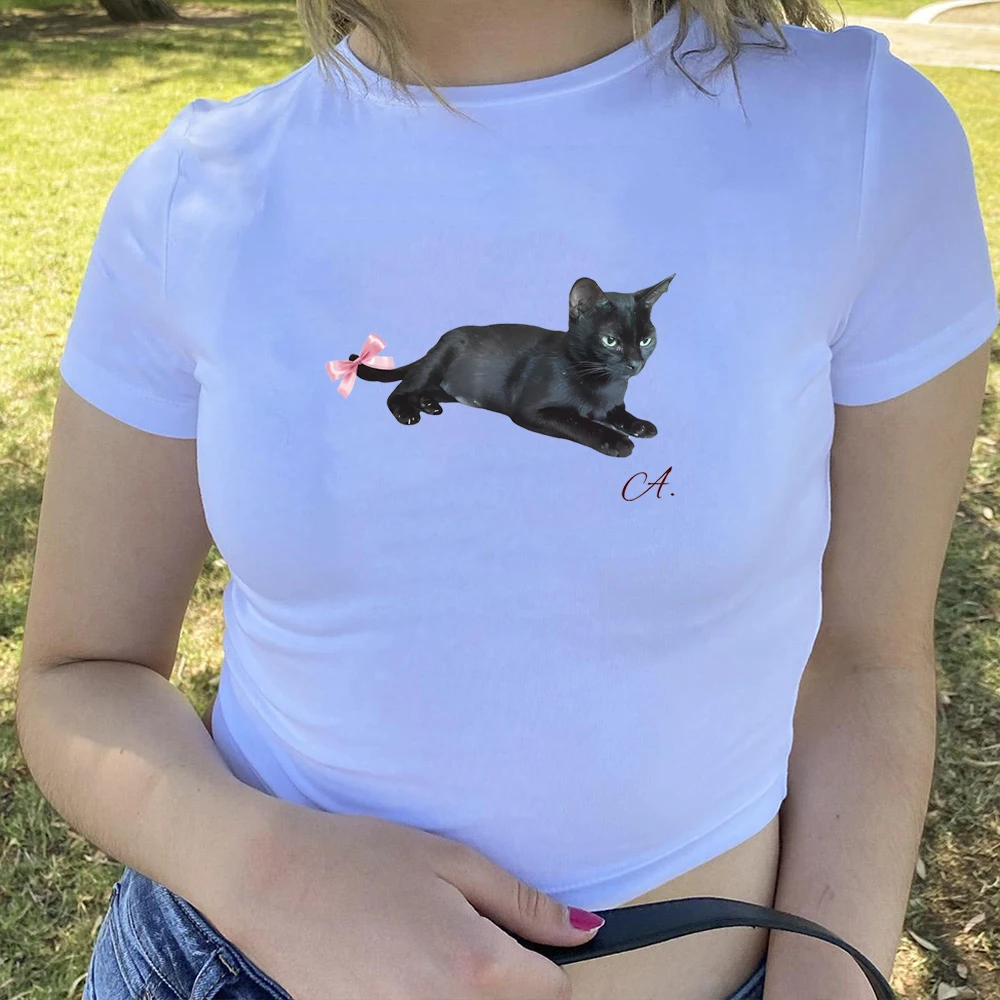 

Детская футболка в стиле преппи с котом и бантом, длинная детская футболка в стиле 90-х, Женская Эстетическая одежда в виде кошки, рубашка для влюбленных, Y2k Топ