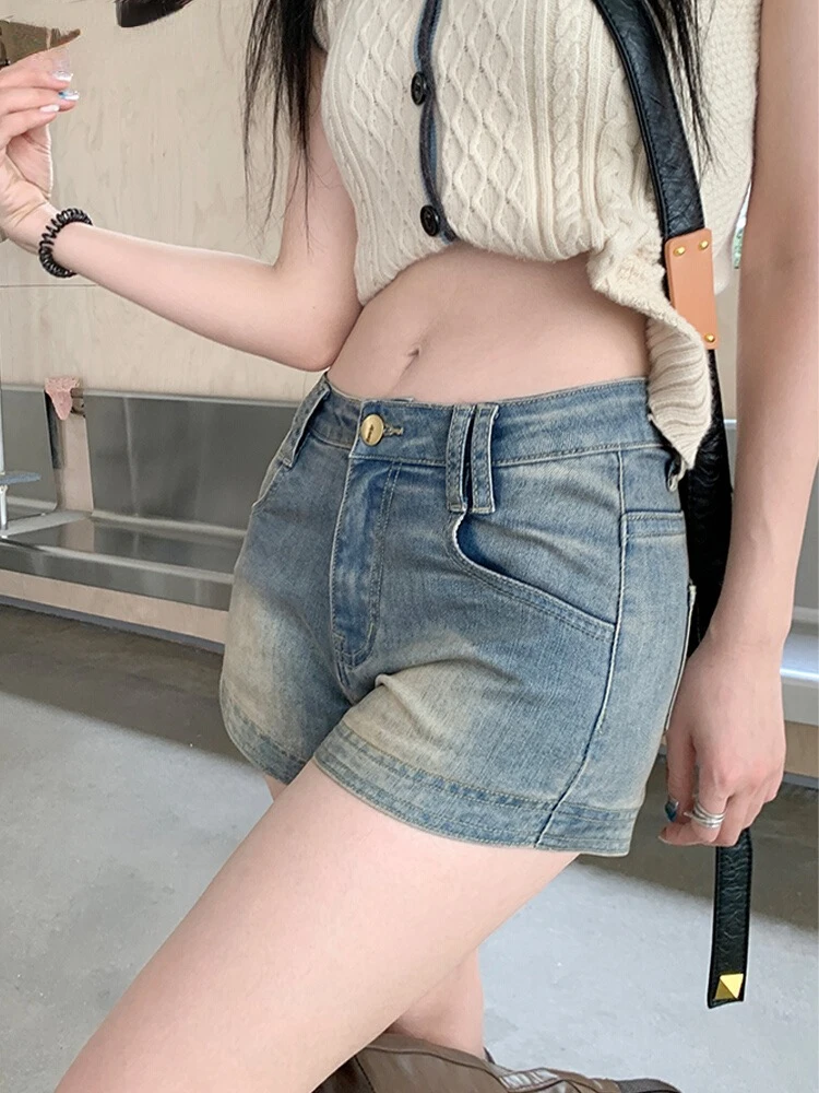 HOUZHOU Vintage Mini Denim Shorts Y2k Women High Waist Short Jeans Korean Streetwear Female Gyaru Fashion Skinny Summer Retro