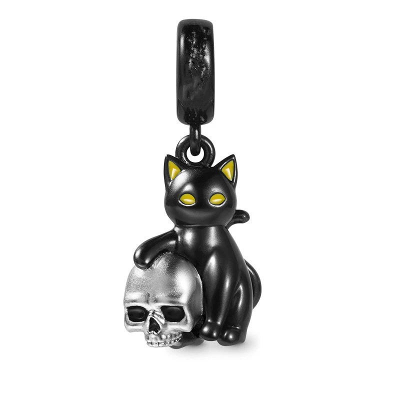 Sparkling Black Cat Loves Skull Pendant Strawberry Skull Charm Beads Fit Original European 925 Silver Bracelet DIY Women Jewelry 3