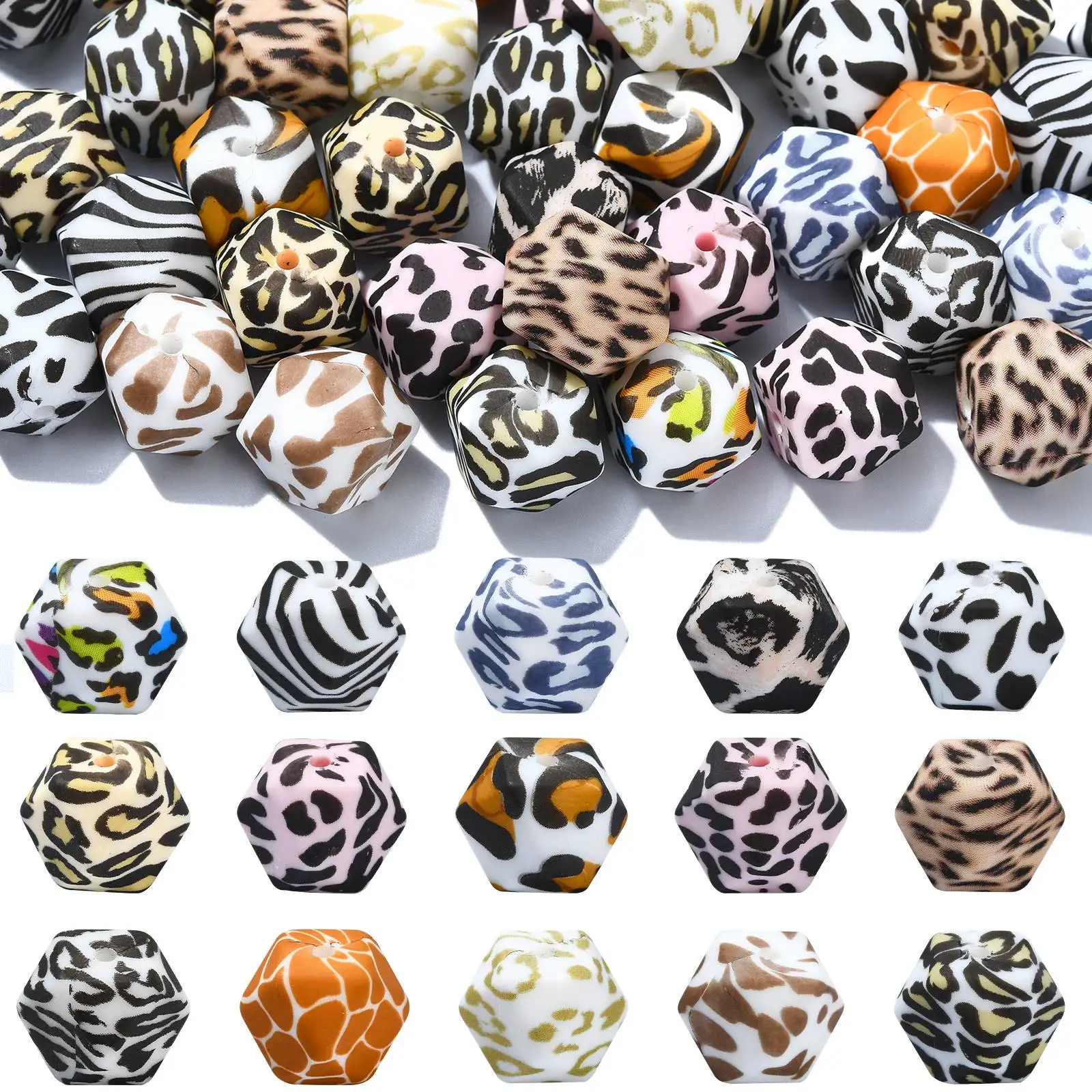 50 Stück zufällige 14mm Silikon perlen Tier druck fokale Perlen bunte Tier Sechseck perlen für DIY Perlen Schmuck herstellung