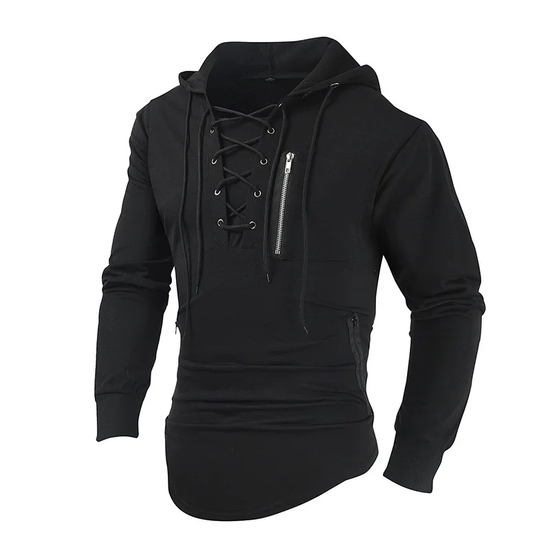 Men's Spring And Autumn Hooded Solid Color Zipper Pocket Polo Shirt Sport Streetwear Gold-Stamped Fashion Casual Wear