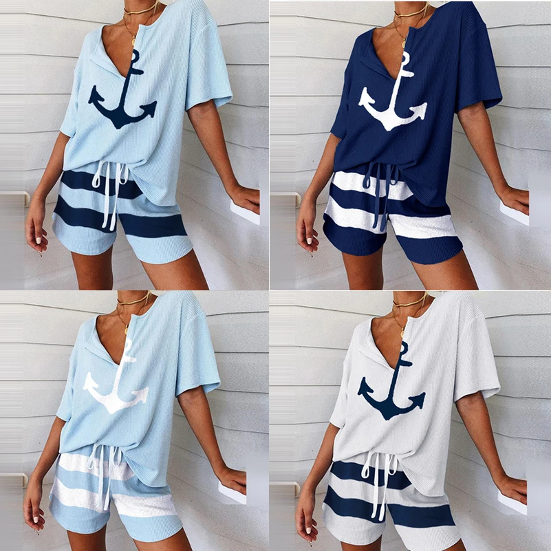 Summer 2Pcs Women Tracksuit Boat Anchor Print Shirt and Shorts Set Spring Elegant V Neck Pullover Ladies Sportswear Suits Pocket 2pcs plain solid basic t shirt xl multi a