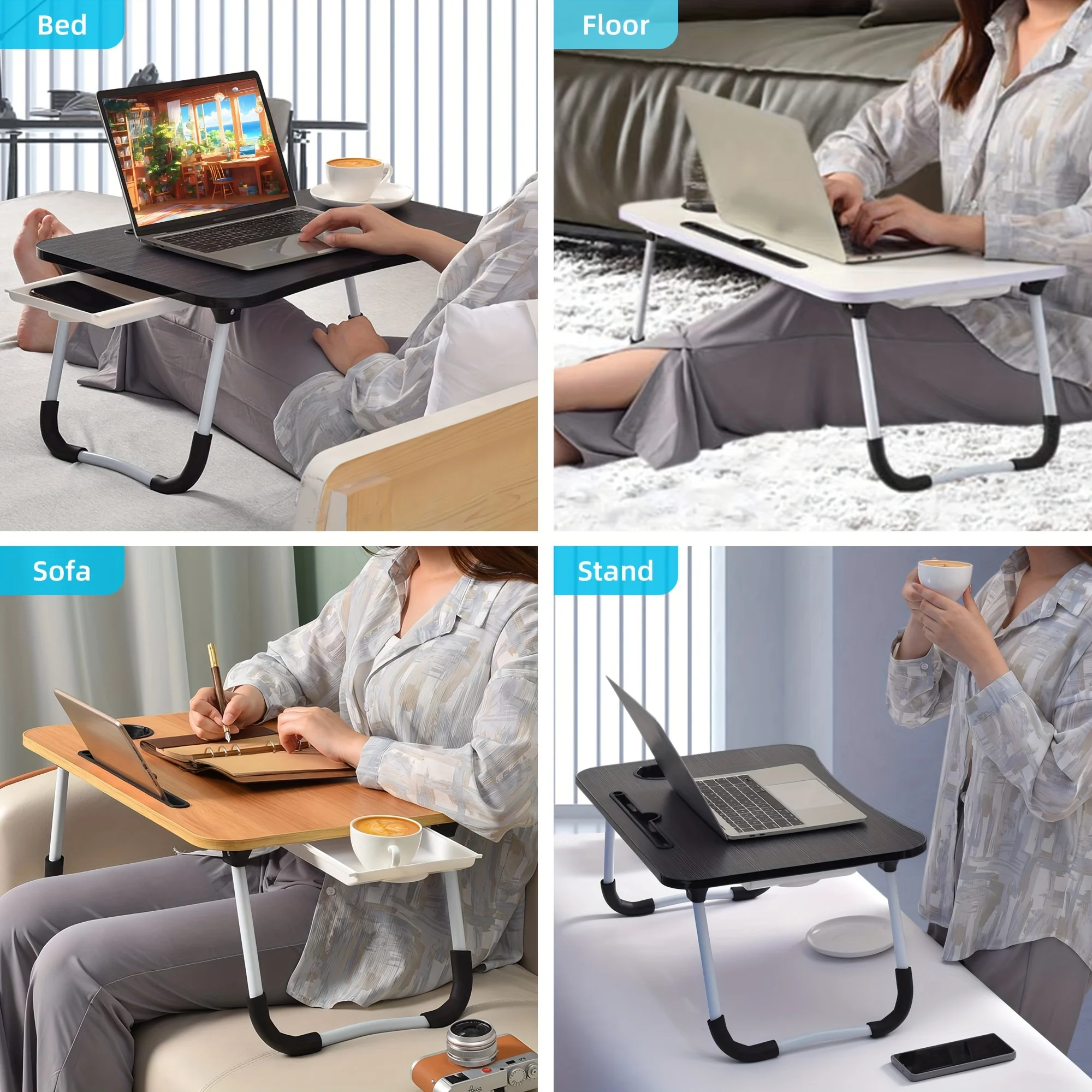 Extra-Large Portable Laptop Bed Desk-Multi-Functional Tray Stand with Cup Holder and Drawer-Stable, Durable, Foldable