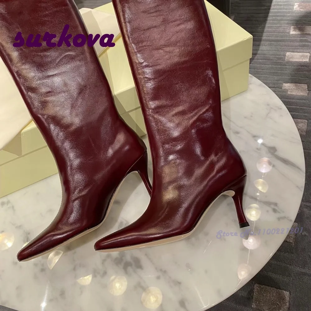 

Brown Kitten Heels Knee High Boots Genuine Leather Square Toe Slip On Smooth Winter Women's Boots 2023 Casual Elegant Runway