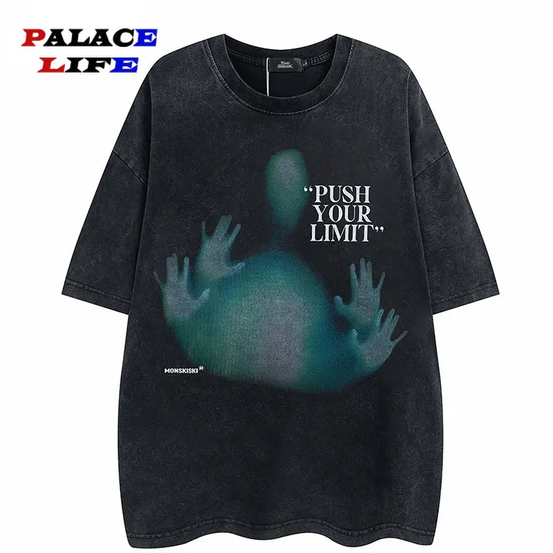 

Футболка мужская в стиле хип-хоп, уличная одежда с графическим принтом тени, Повседневная хлопковая футболка, топ с коротким рукавом в стиле Харадзюку, черная с эффектом потертости, 2023