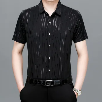 2023 Summer New Men s Short Sleeve Gold Stamped Printed Shirt Fashion Slim Fit Business