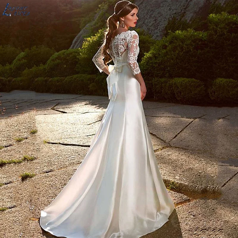Vintage Long Sleeves Lace Mermaid Wedding Dress Bride Satin Bridal Gowns |  eBay