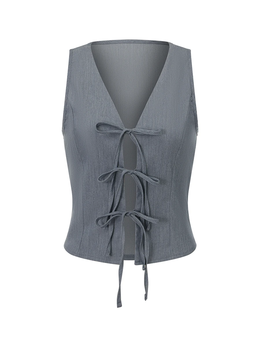 Ladies Sleeveless Denim Vest with Tie Front Detail V Neckline and  Fit - Solid Color Jean Tank Top for Summer Street