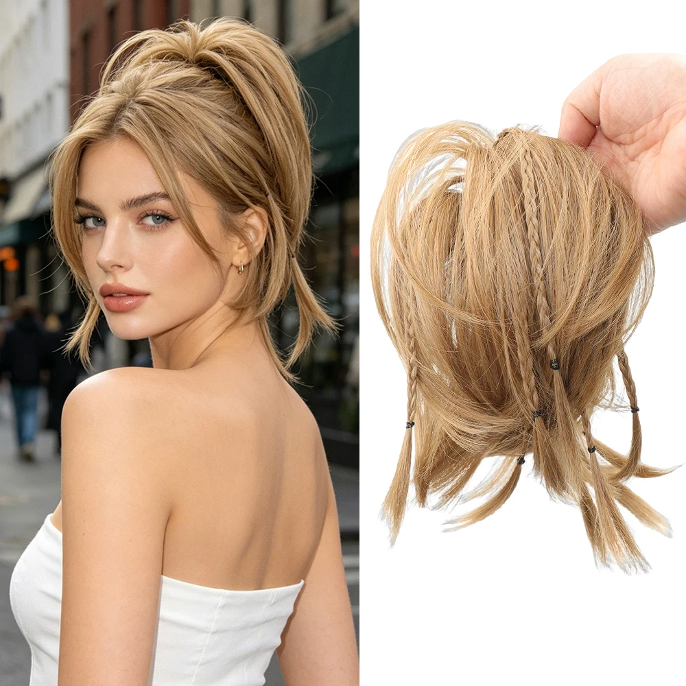 여성용 브레이드 합성 헤어피스가 있는 스트레이트 헤어 번, 내열성 섬유, 간편..