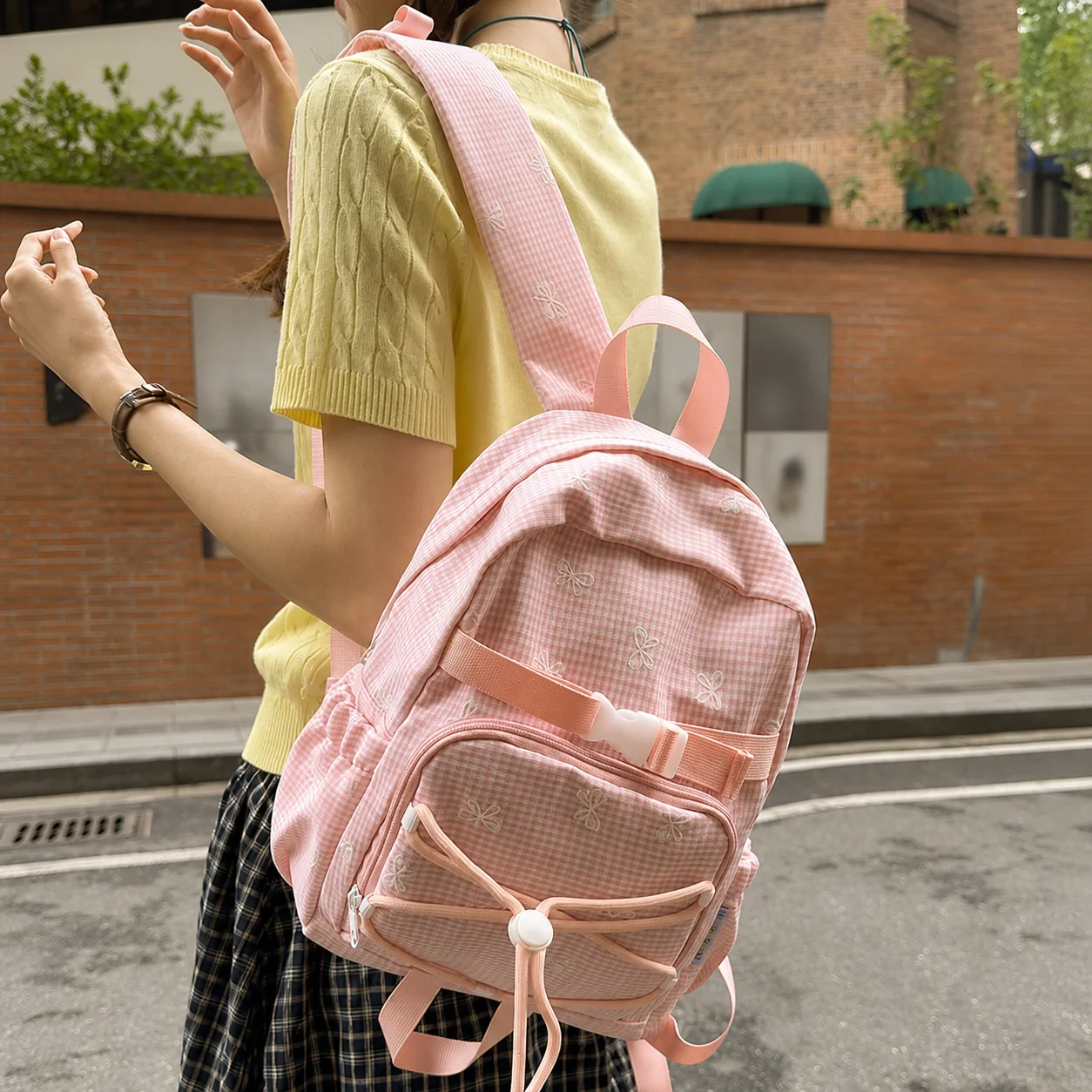Kawaii Backpack Plaid School Bag Cute Bowknot Japanese Harajuku Style Girls Bookbag Teenager Student Nylon Travel Laptop Daypack 4