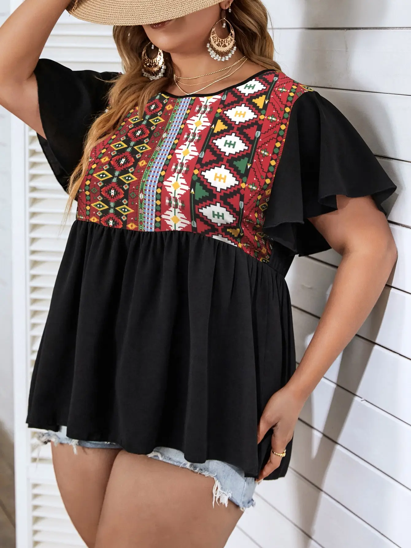 Finjani Plus Size Geo Print Butterfly Sleeve Peplum Blouse 2022 Summer Women Short Sleeve Fashion Tops Loose O-Neck Tee