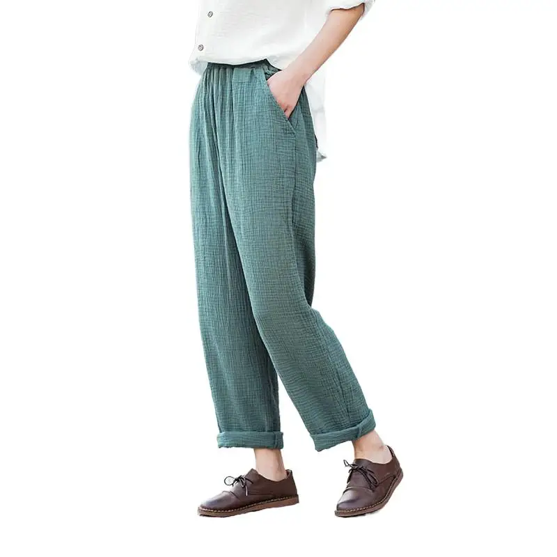 

Женские винтажные однотонные брюки из хлопка и льна, свободные шаровары, повседневные длинные брюки с эластичным поясом и карманами для женщин