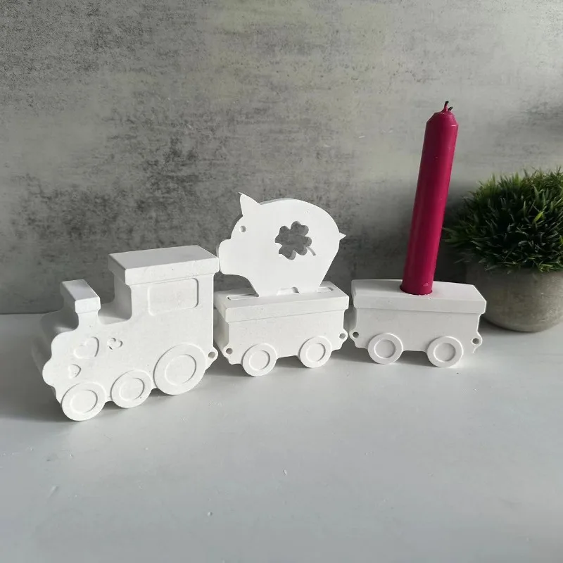 Train Ornament Candle Holder Silicone Mold Xmas Locomotive Candlestick Plaster Molds Train Box Plug-in Concrete Plaster Mould