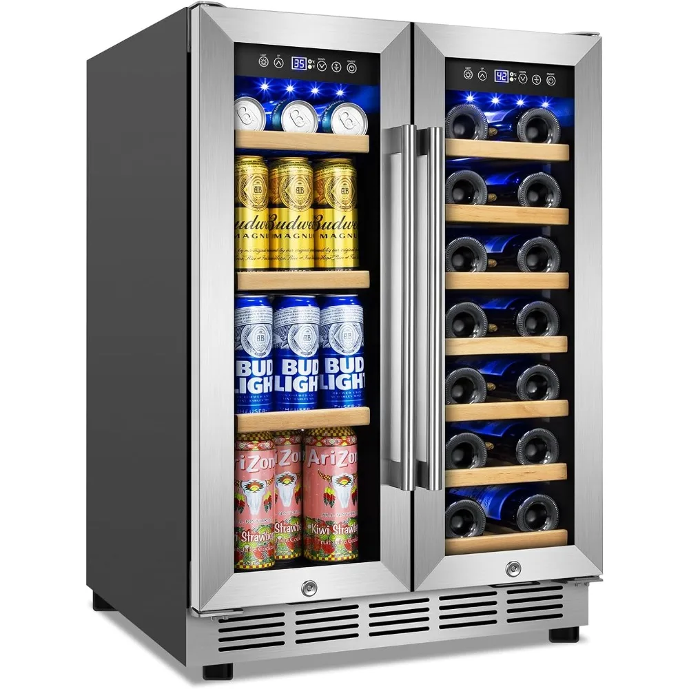 

Wine and Beverage Refrigerator, 24 Inch Beverage Cooler Dual Zone with Glass Door, Built-in/Freestanding Beverage Fridge