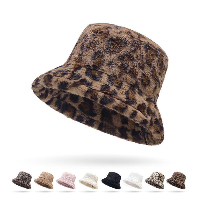 Hat Woman Winter Show Face Little Leopard Print Fisherman Hat Woman Versatile Warm Pot Hat Ins Plush Bucket Hat