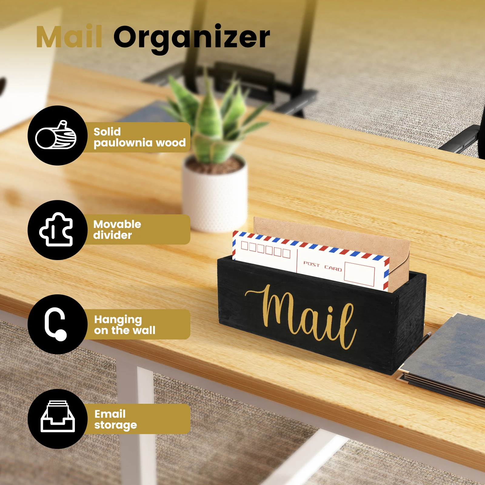 Mail Organizer Solid Tung Wood Mail Holder with 2 Slots Decorative Basket Countertop Letter Holder for Home Office Entryway