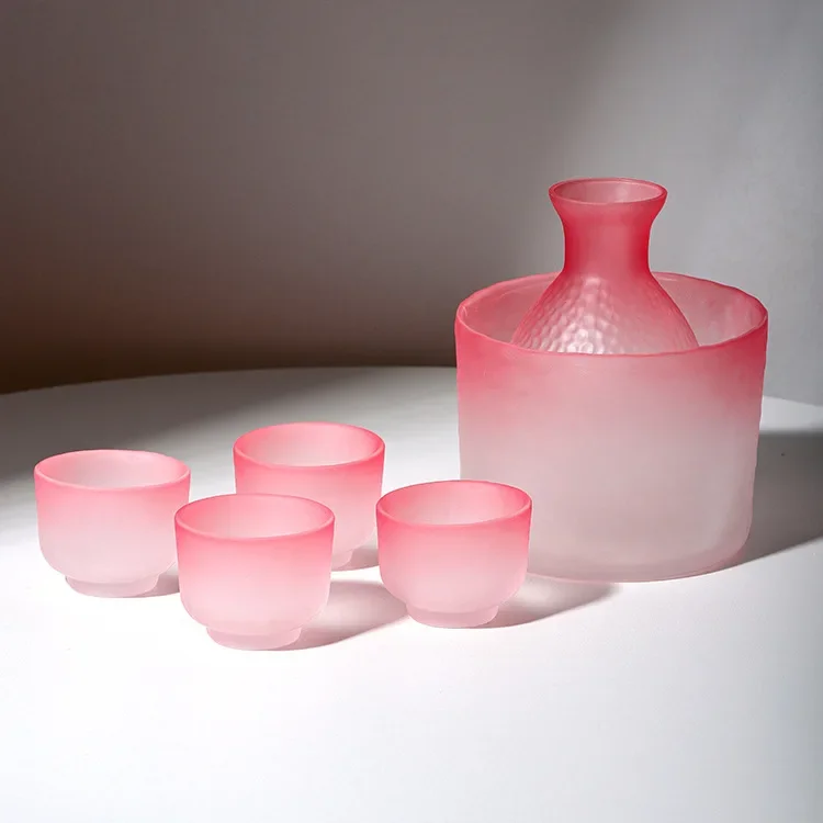 Japanese Glass Bar Sets Sake Pot Frosted Pink Wine Dispenser Chinese Baijiu Soju Shot Glass Flask Barware Kitchen Accessories