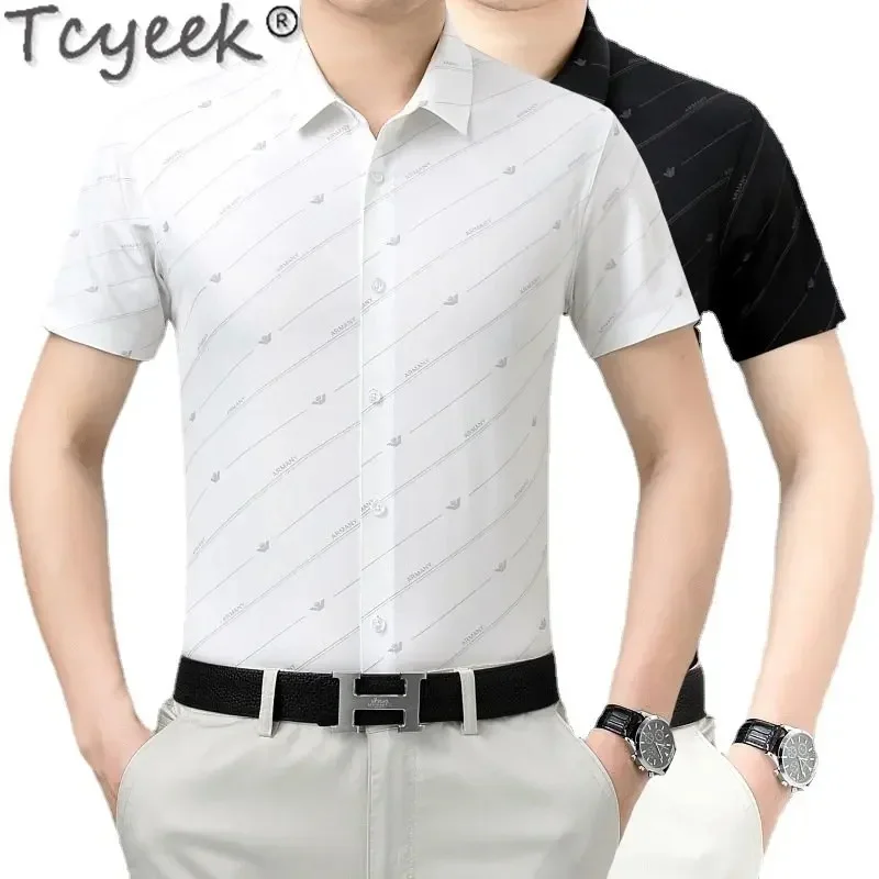 

2024 Tcyeek Brand Mens Shirts Summer Short Sleeves Shirt Casual 100% Mulberry Silk Blouses Men's Clothing Streetwear Ropa Hombre