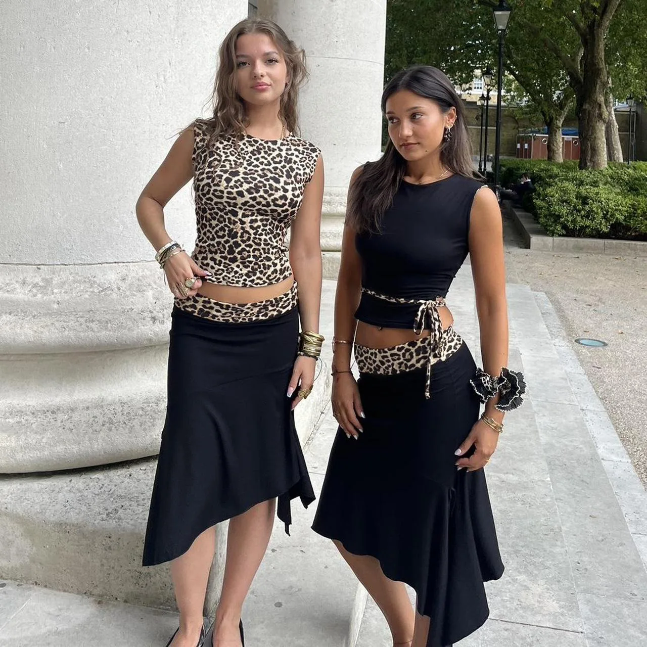 Leopard Sexy 2 Piece-Set Skirt Female Contrast Lace-Up Cropped Pullover And High Waist Skirt Sets Bandage Women's Outfits