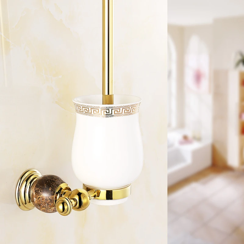 

European Brass Chrome Toilet Brush Holder Ceramic Cup Vintage Gold Polished Marble Toilet Brush Rack Bathroom Accessories L