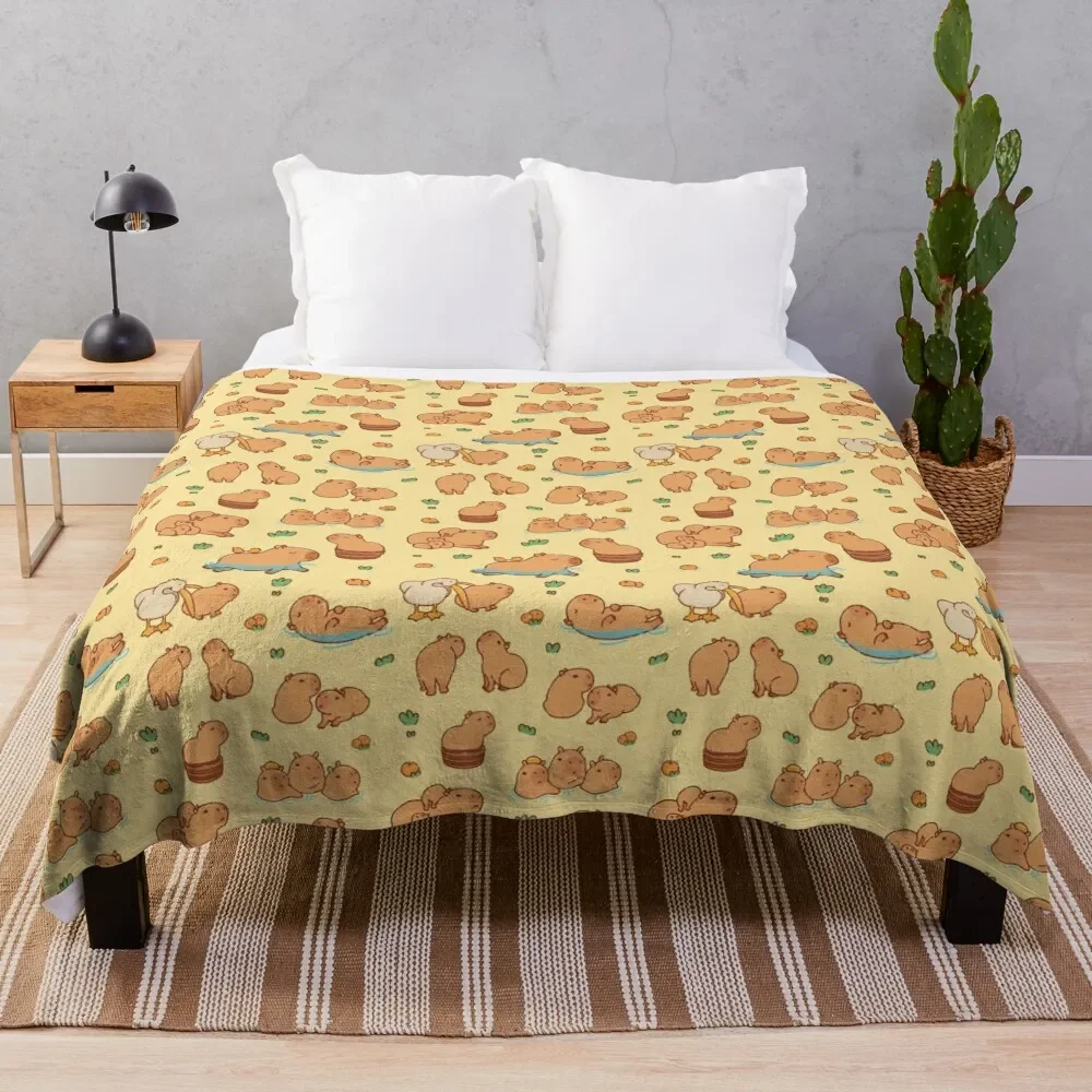 Capybara cute seamless pattern, yellow background Throw Blanket Multi-Purpose Soft Big For Sofa Thin Luxury Brand Blankets