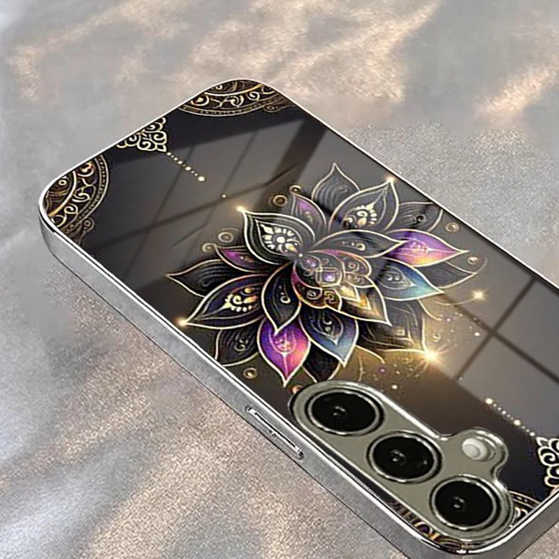 Mandala Lotus Pattern Electroplate Silver Phone Case with Tempered Glass Cover