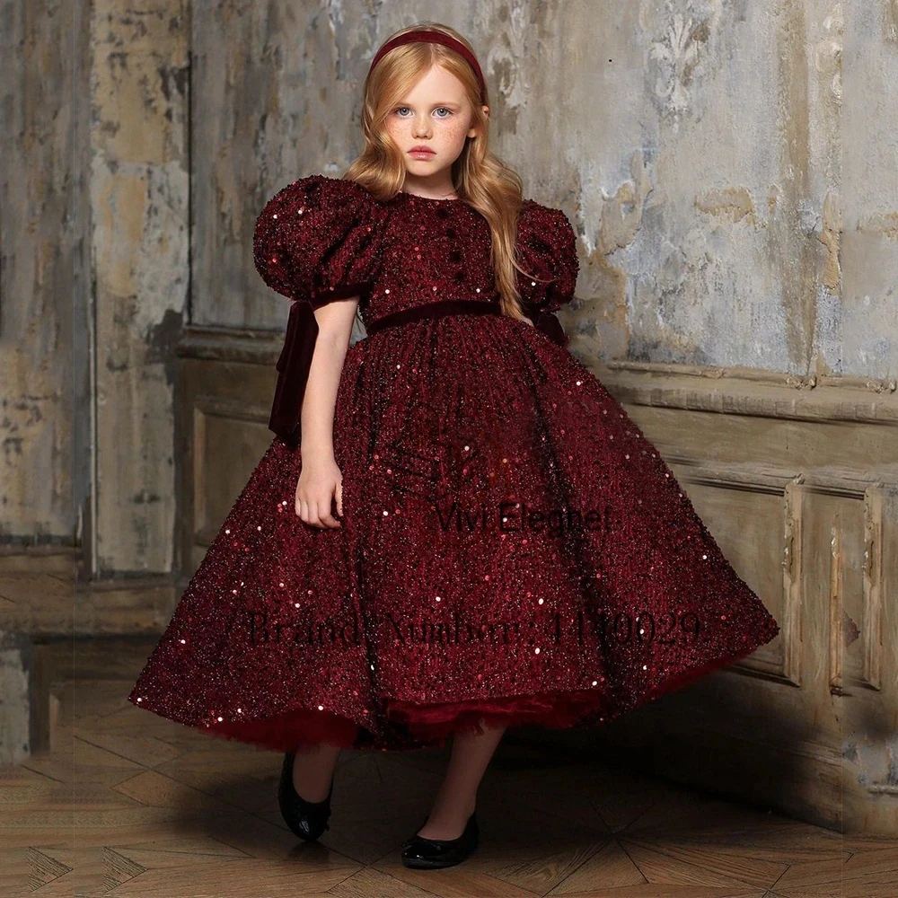 

Exquisite Scoop Flower Girls Dresses for Women 2024 Summer New Puffy Sleeve Christmas Gowns with Sequined فلور فتاة اللباس 2025