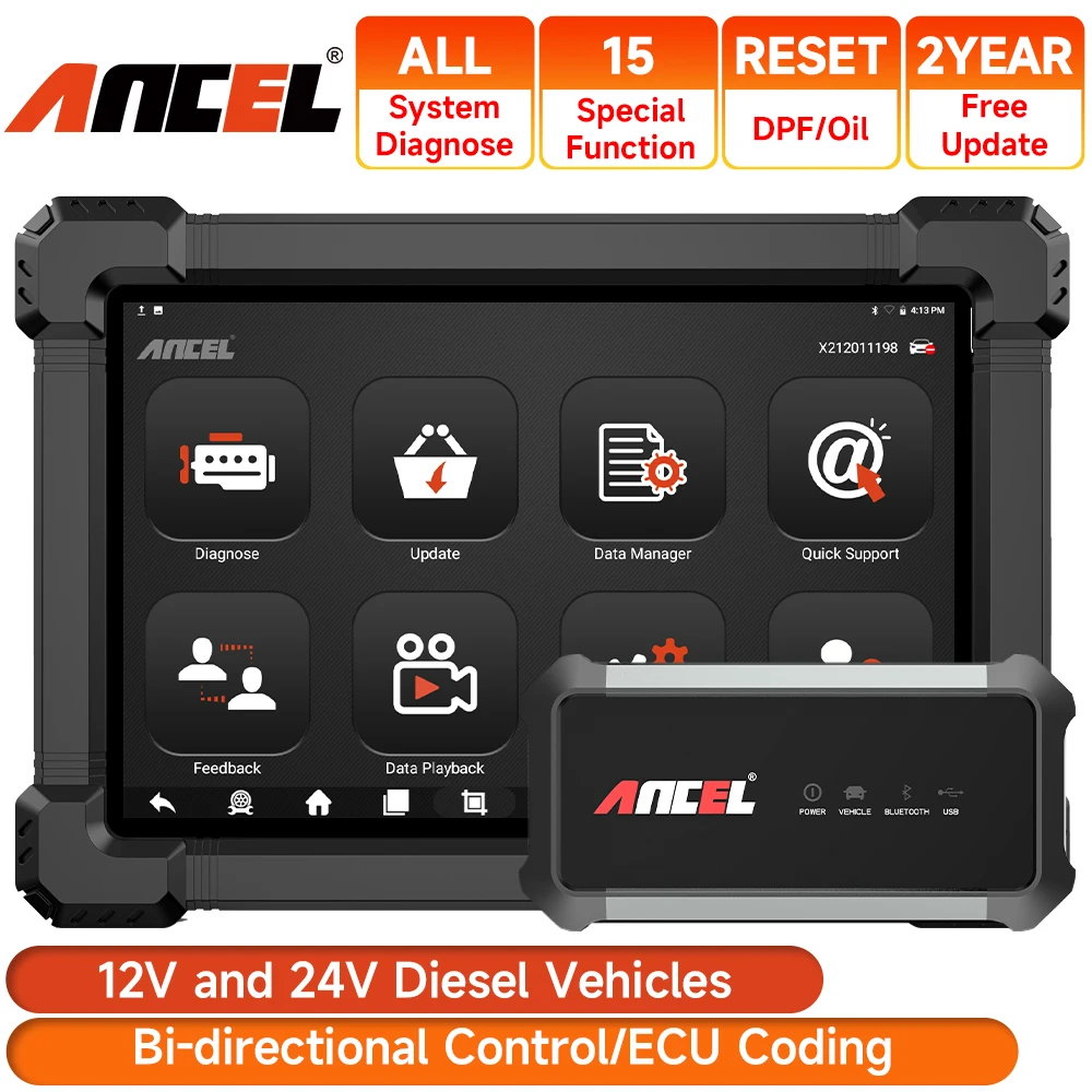 Ancel X7 Hd Heavy Duty Truck Diagnostic Tool Professional Full System 12V 24V Oil D-P-F Regen Ecu Reset Obd2 Truck Scanner