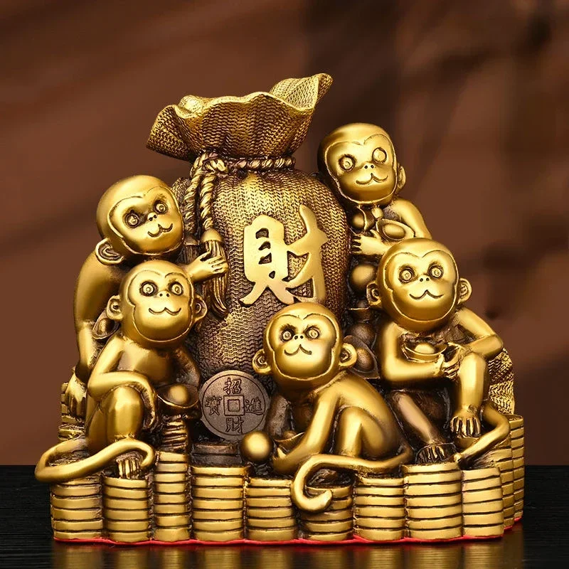 

MOYU Pure Copper Monkey Golden Ornaments Feng Shui Attracting Wealth Five Monkeys Crafts Mascot Living Room Gift