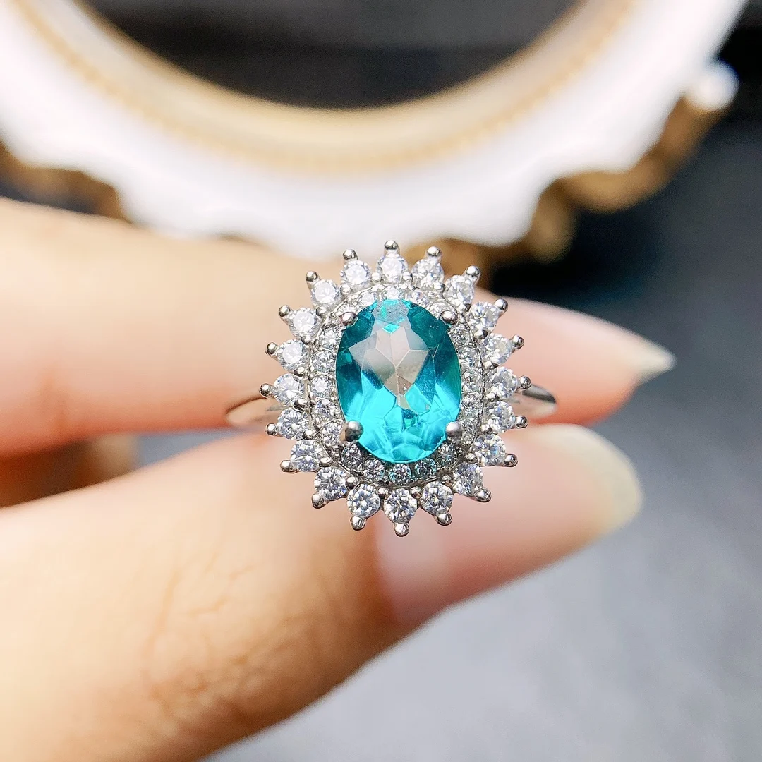 

Vintage Paraiba Topaz Ring Halo Unique Paraiba Ring Oval Cut Paraiba Silver Ring for Engagement Wedding and Gift