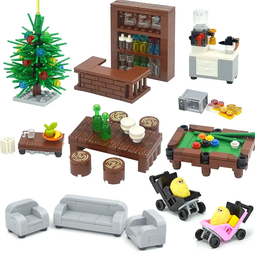 DIY 도시 친구 MOC 하우스 가구 액세서리 벽돌 책상 옷장 침대 TV 소파 주방 욕실 피아노 컴퓨터 빌딩 블록