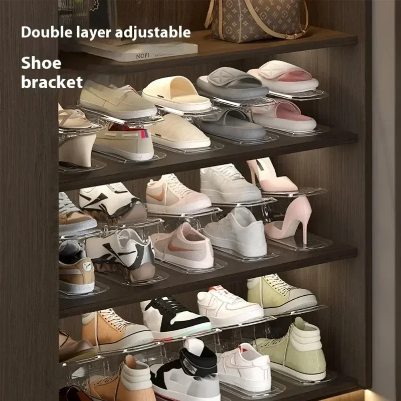 6PCS Adjustable Shoe Organizer Double-layer Footwear Support Slot Space Saving Cabinet Closet Stand Shoes Storage Rack Box H