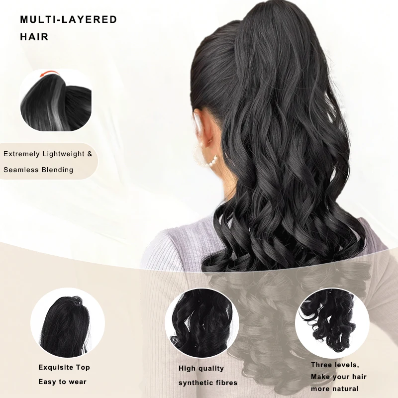 20 inch Long Wave Synthetic Fiber Ponytail Wig Extension, Claw Clip, Natural Black, Suitable for Daily Wear