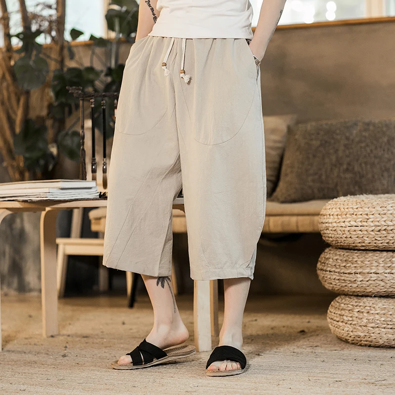 Men Wide Leg Pants Japanese Style Loose Cotton Harem Pants