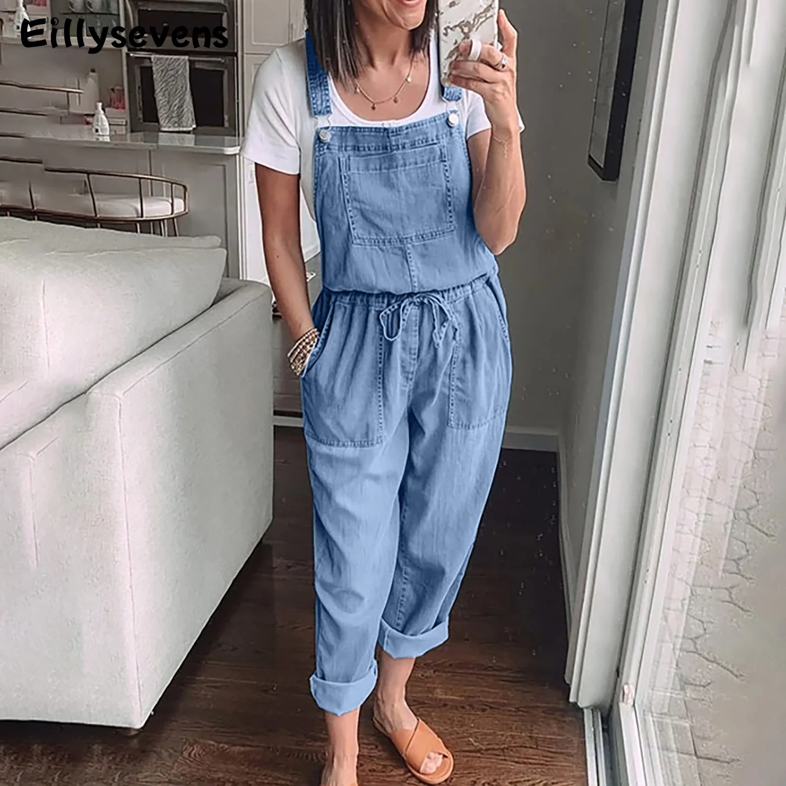 Комбинезон женский джинсовый с широкими штанинами, модный Свободный комбинезон с завышенной талией, с карманами, синий, на лето