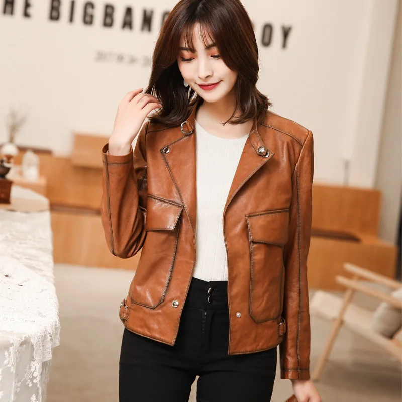 

Haining 2024 Spring Fashion New Genuine Leather Coat Women's Short Fit Sheepskin Motorcycle Wear Single Leather Thin Small Coat