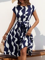 Summer Women Round Neck Pleated Medium Long Plus Size Dress