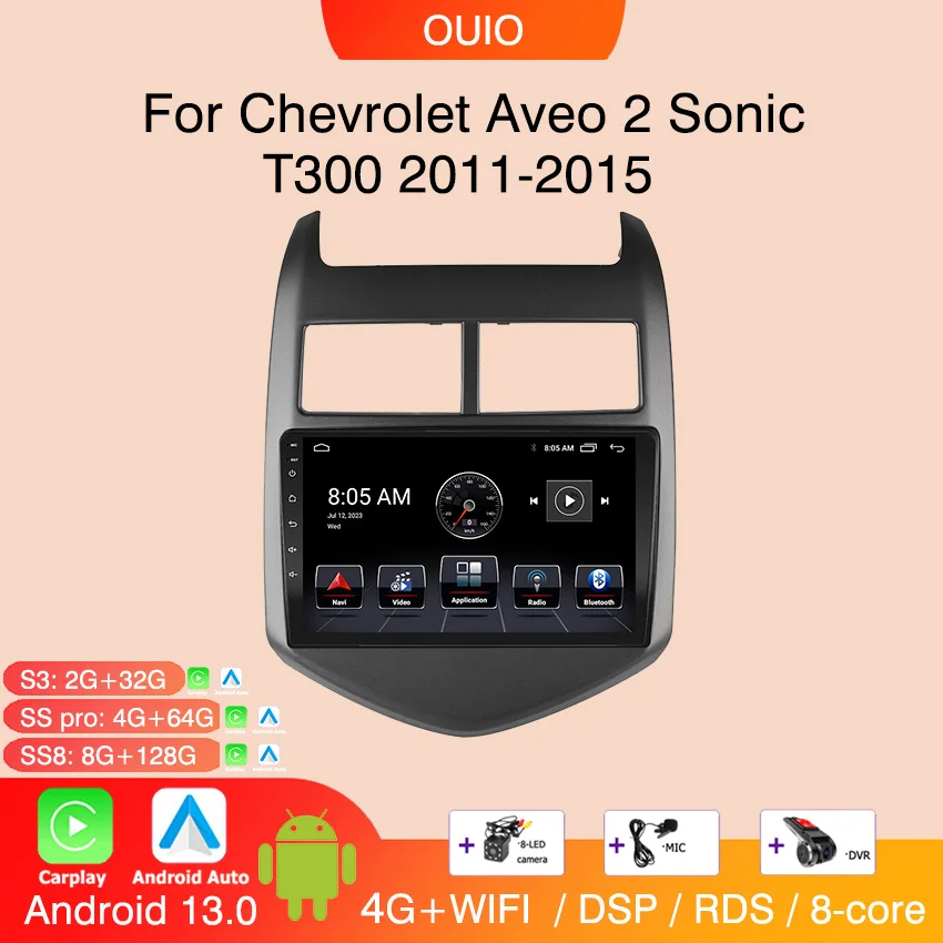

8GB+128GB Carplay Radio For Chevrolet Aveo 2 Sonic T300 2011-2015 Car stereo Multimedia Player Android Auto GPS navigation 2DIN