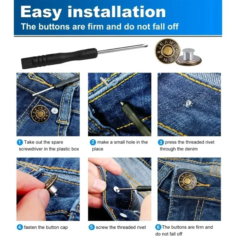 스크루드라이버 있는 청바지 버튼, 17mm 네일리스 단추, 탈착식 허리 익스텐더, 재봉 액세서리, 10 개