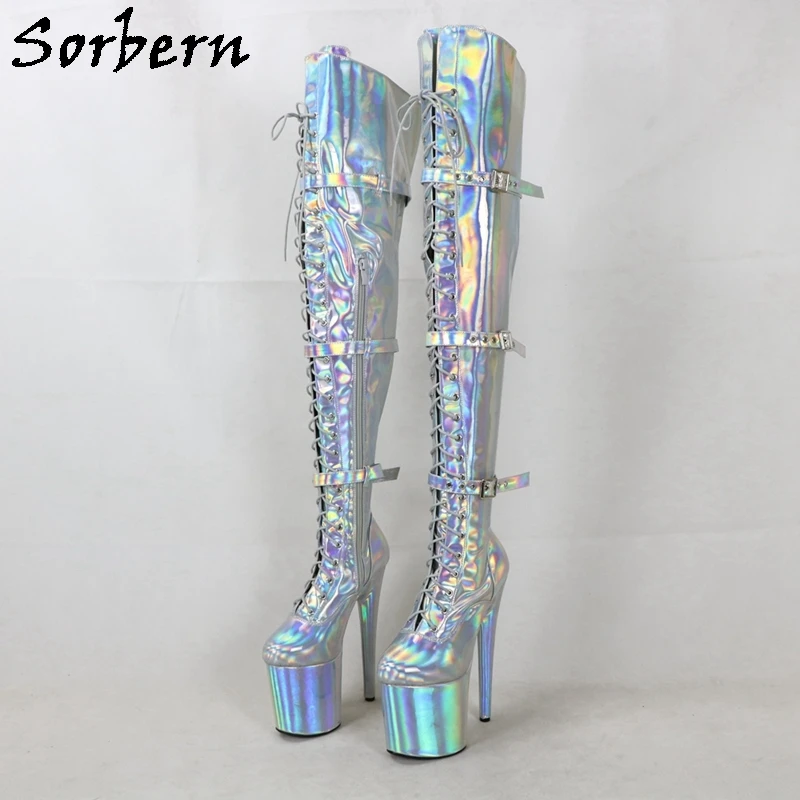 

Женские узкие или широкие сапоги Sorbern, длинные серебристые сапоги на высоком каблуке 8 дюймов, для стриптиза, танцев на шесте, 20 см