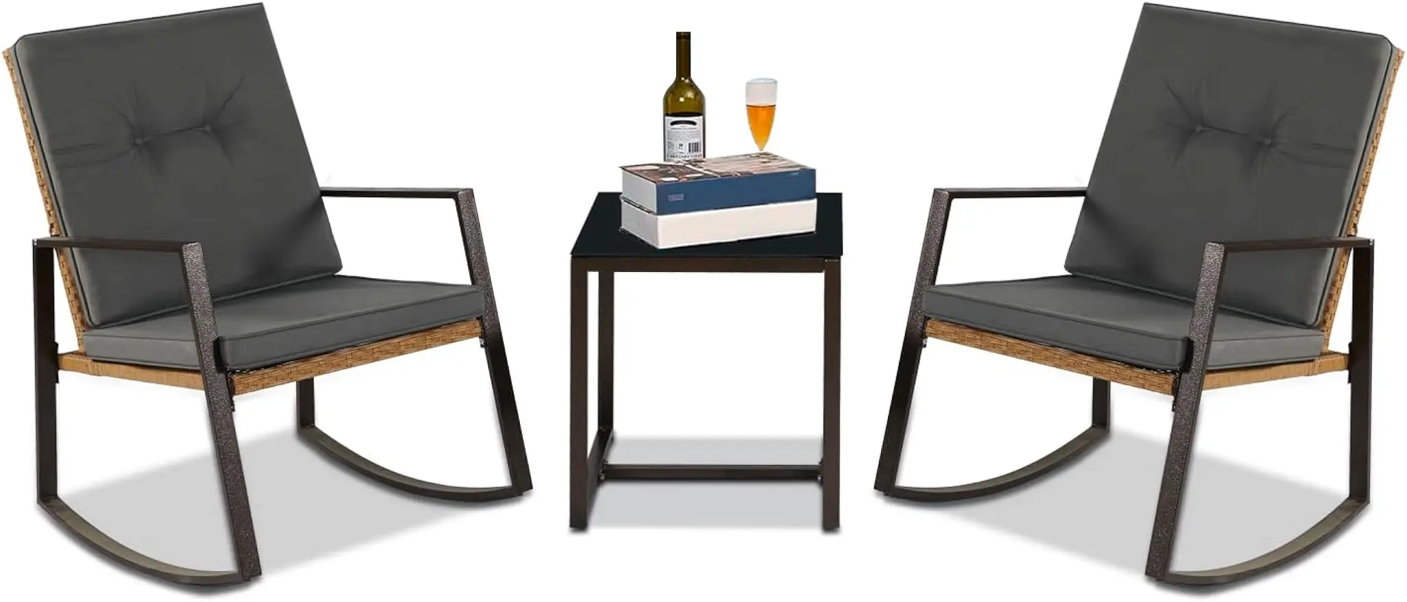 

3 Piece Bistro Set Outdoor Patio Rocking Wicker Chairs with Washable Cushion and Coffee Table (Gray)
