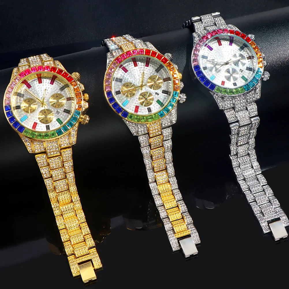 Orologio da uomo quadrato ghiacciato Hip Hop Orologio da polso da uomo al quarzo con diamanti Orologio da polso in acciaio con calendario romano in oro Relogio Masculino_voghion.com